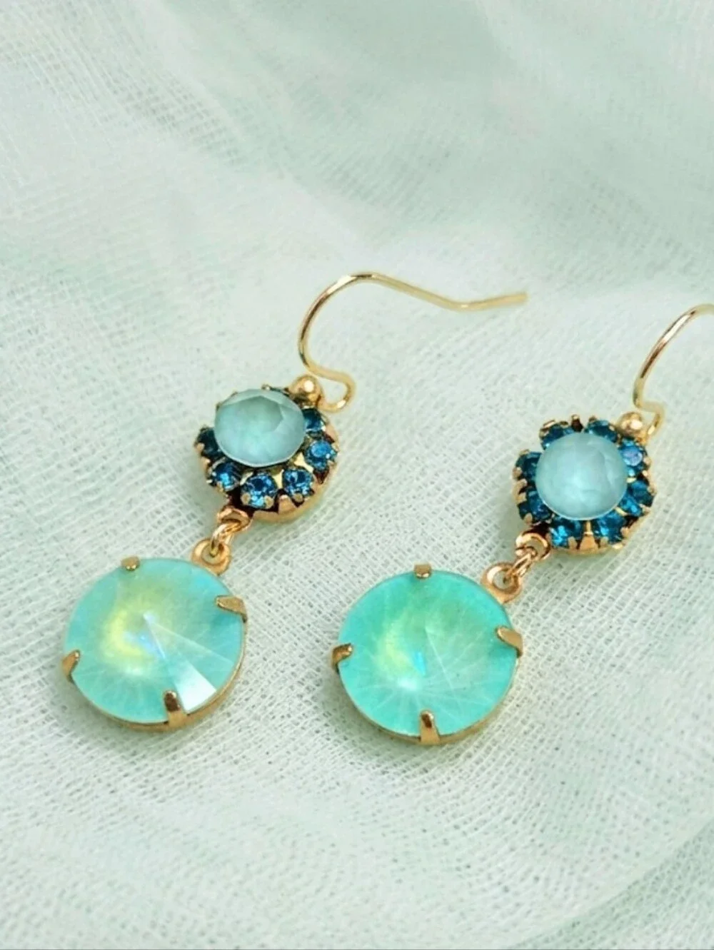Mint Macaron Swarovski Crystals In Artisan Drop Gold Handmade Brass Earrings